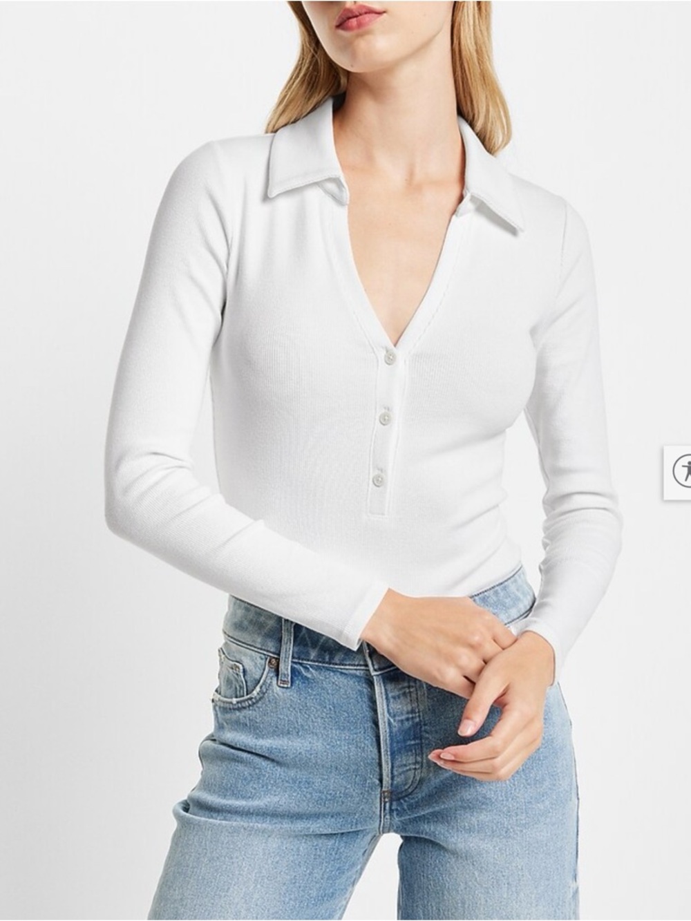 Express Ribbed V-Neck Long Sleeve Henley Polo Bodysuit